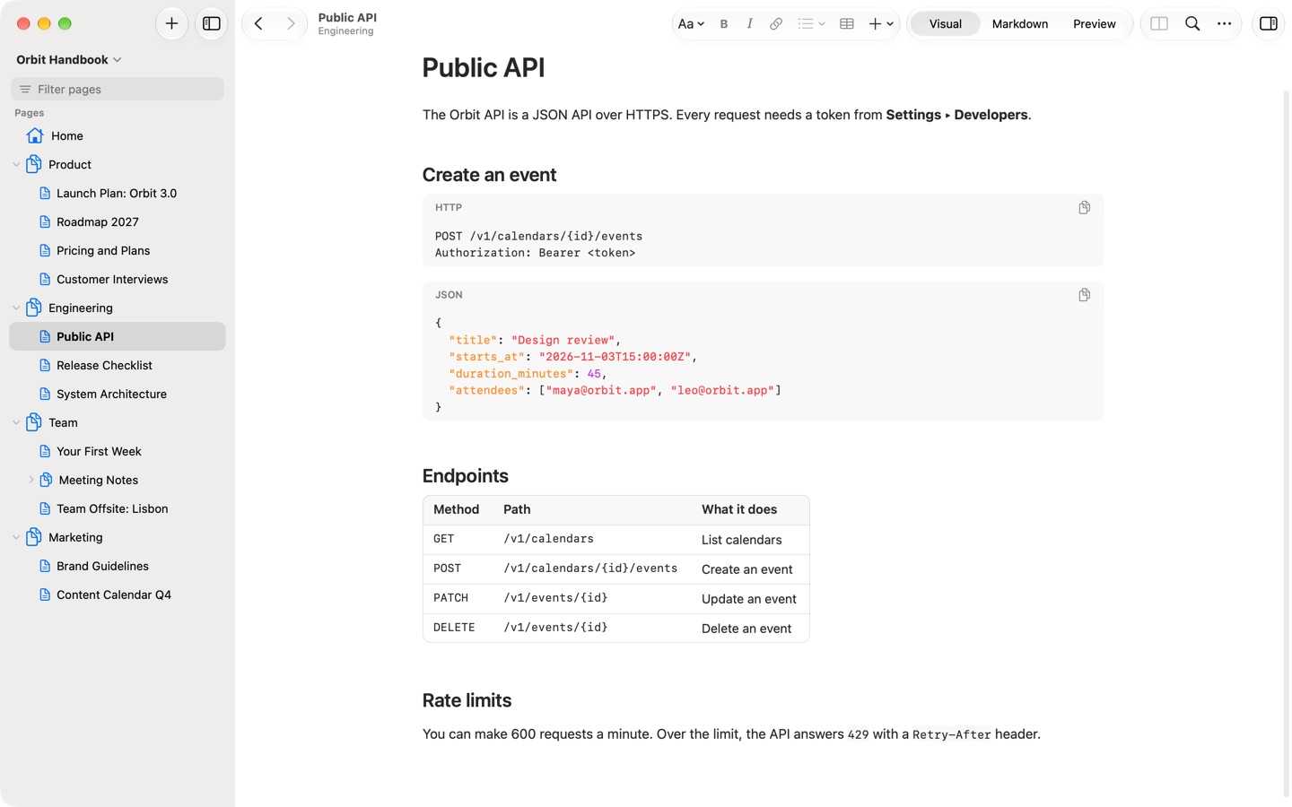A page with HTTP and JSON code blocks and a table of API endpoints.