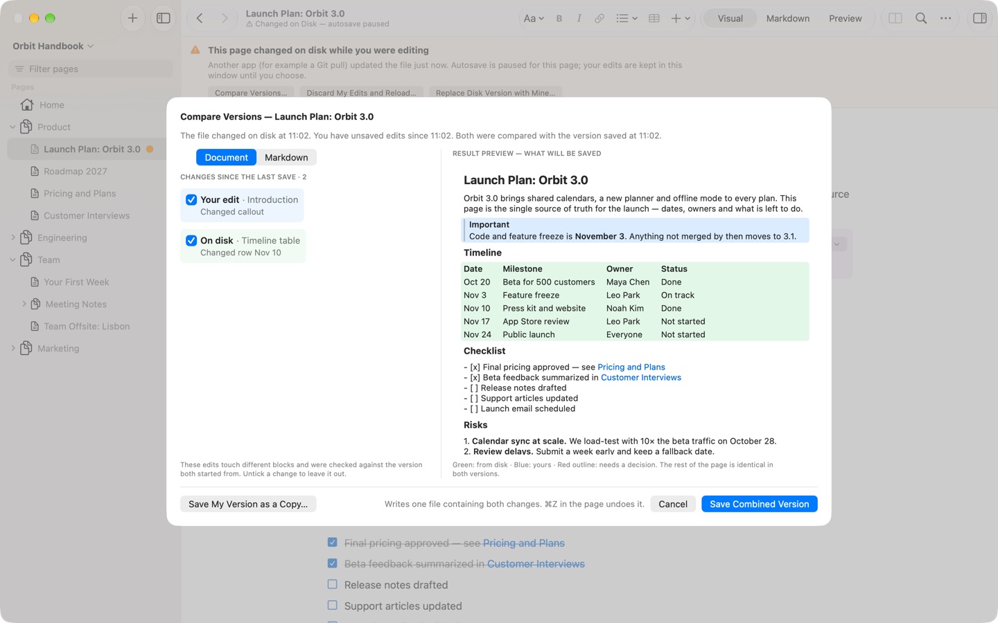 Compare Versions with your edit and the disk change ticked and the combined result on the right.