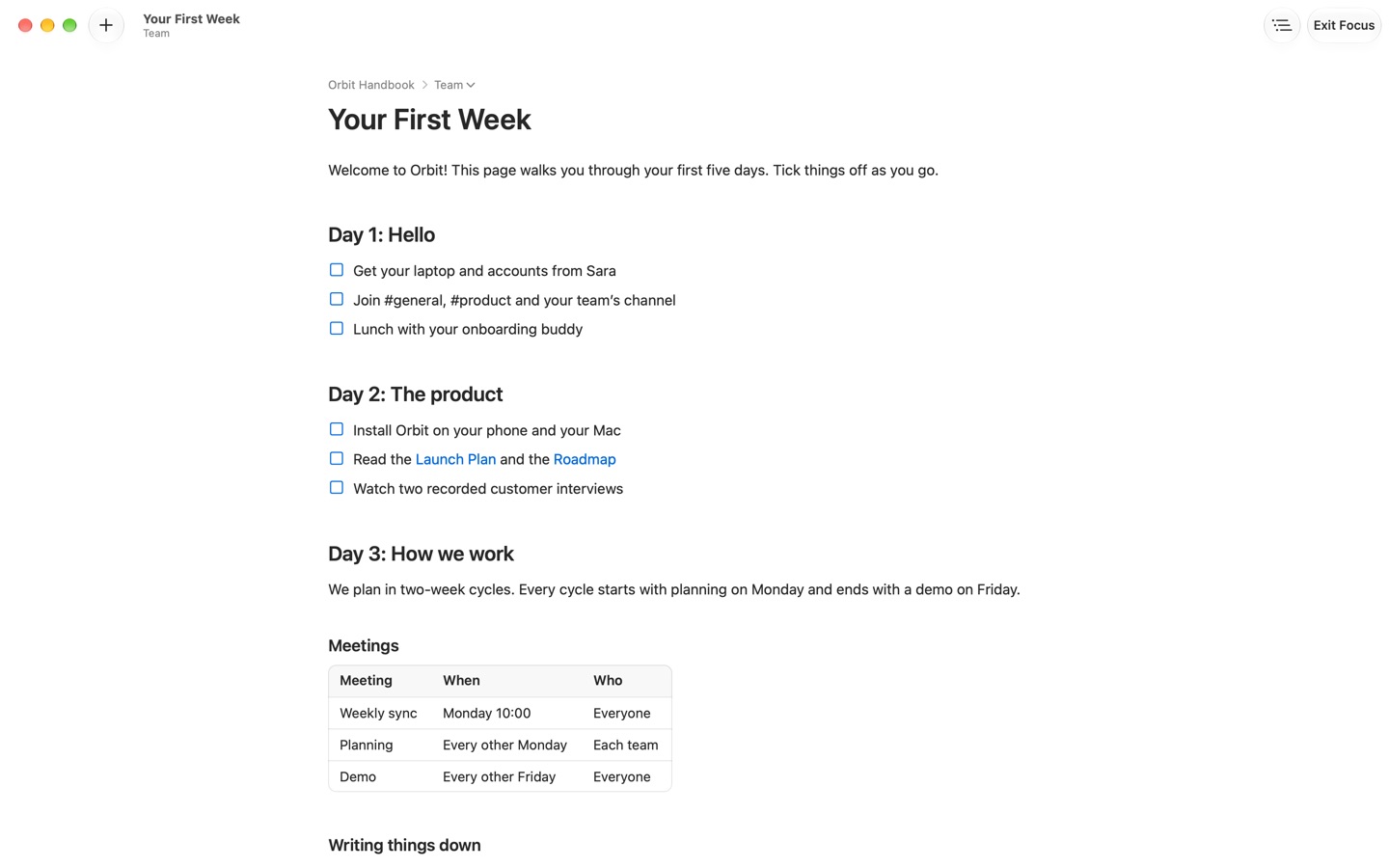 A page in Focus Mode with nothing but the text and an Exit Focus button.
