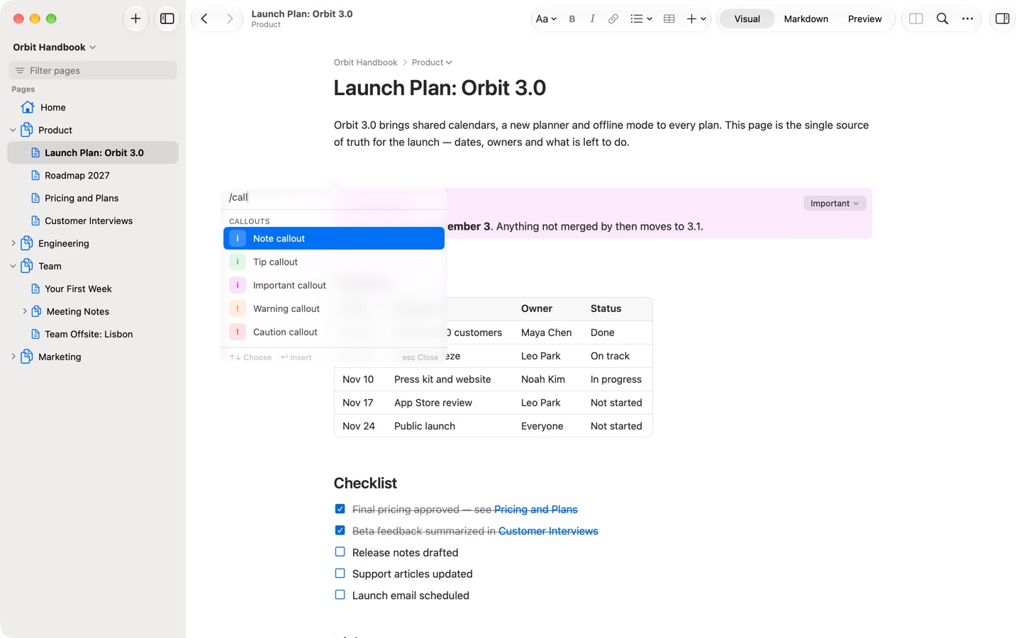 The insert menu filtered by “call”, listing the five callout types.