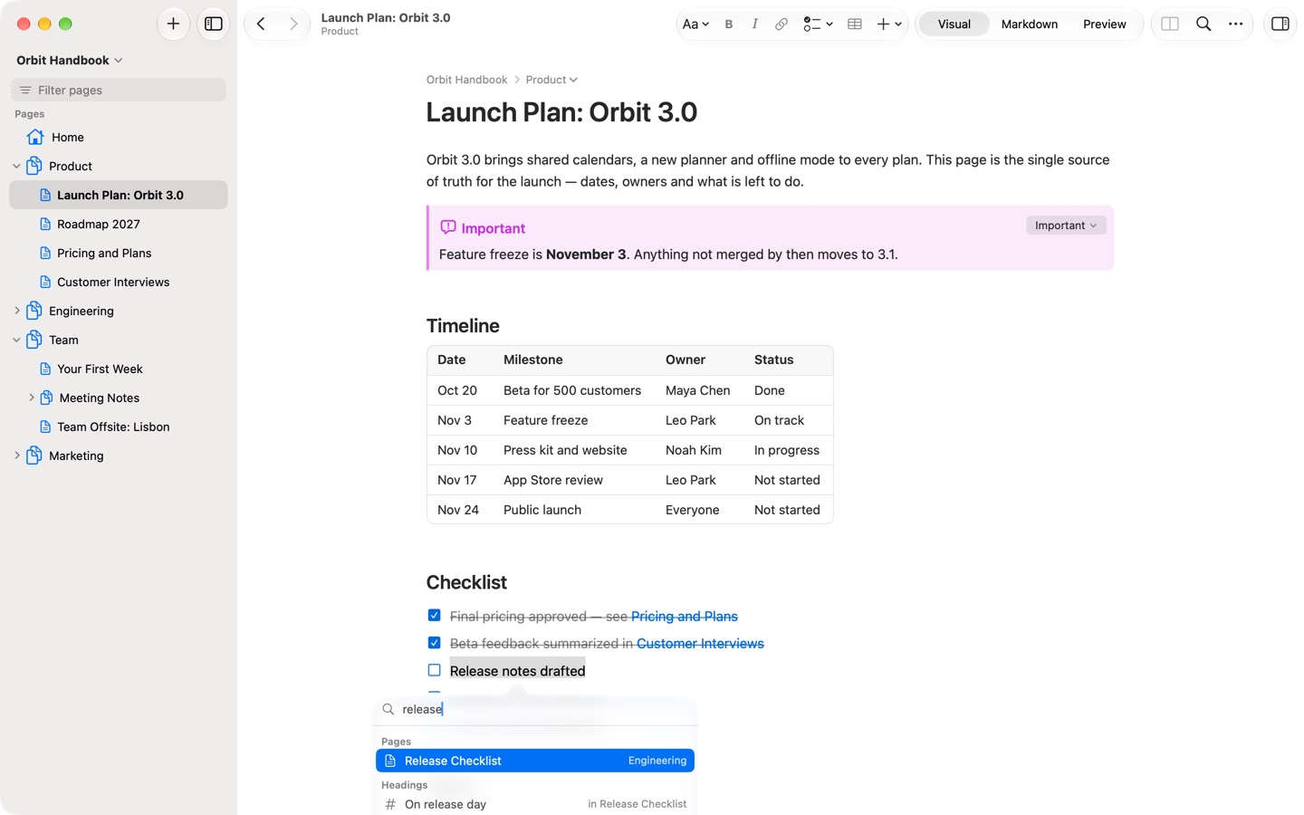 The link editor under the selected text, finding the Release Checklist page and a heading.
