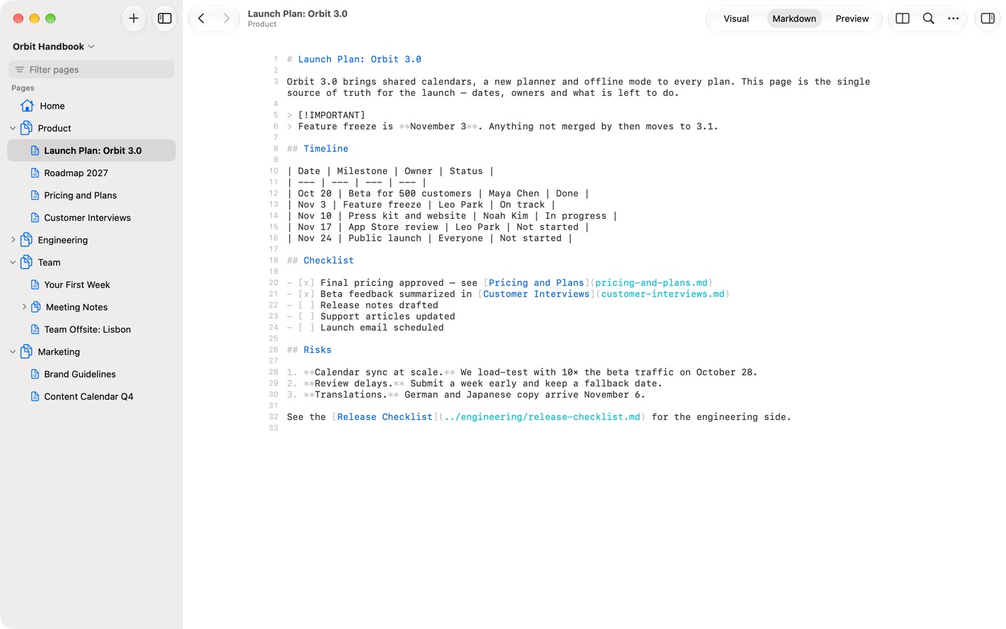 The launch plan page in the Markdown view with line numbers and syntax colours.