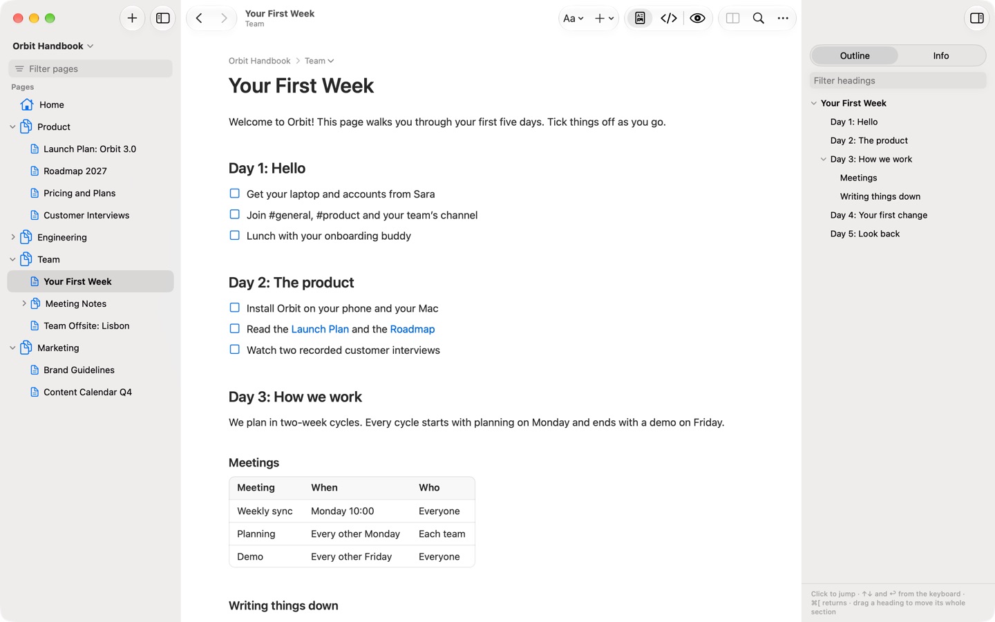 The Outline of the Your First Week page.