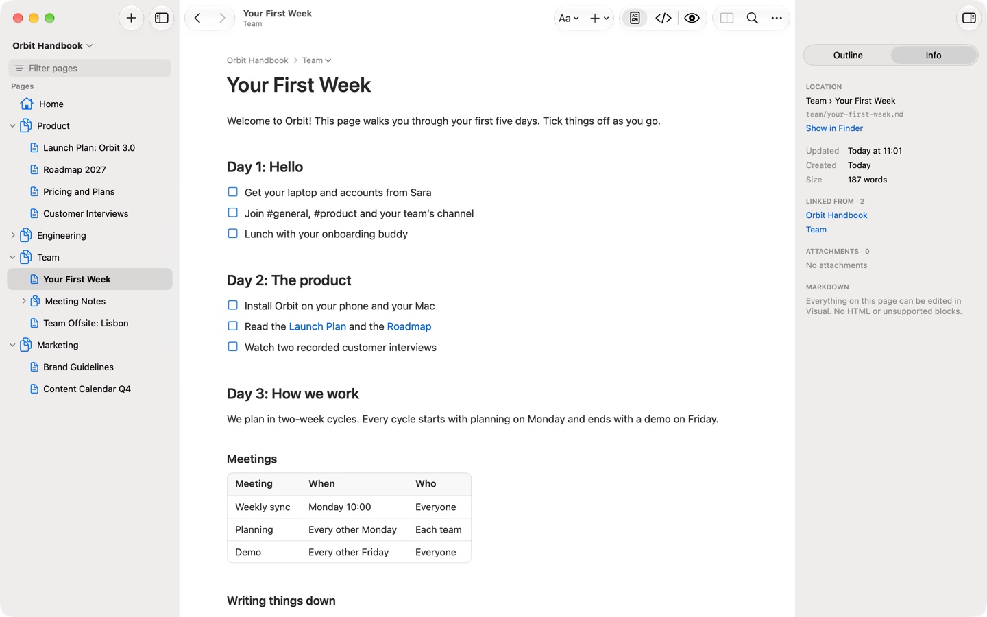 Page Info: location, file, dates, word count and linked-from pages.