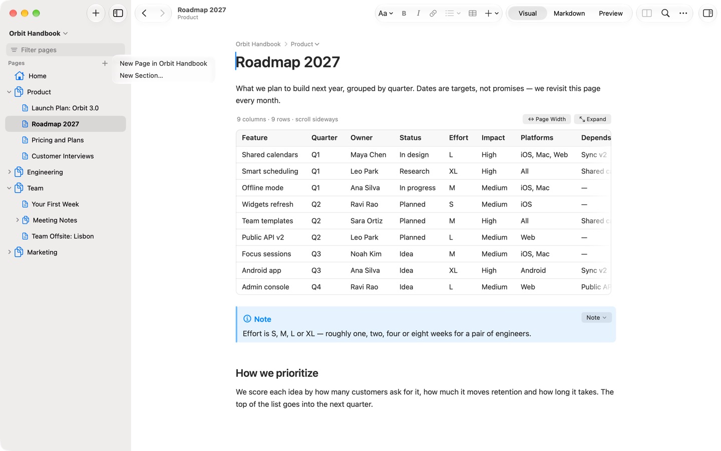 The Pages header in the sidebar with its + button and its menu: New Page in Orbit Handbook, New Section…
