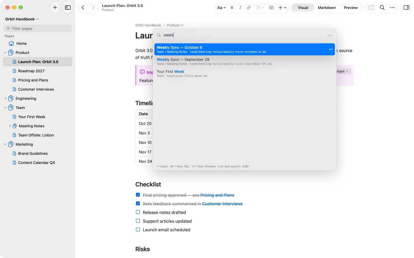 Quick Open with “week”, listing two weekly syncs and Your First Week.