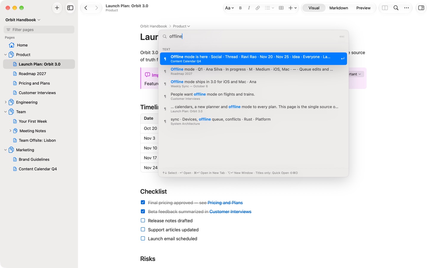Search Documentation for “offline” with matches in a roadmap, meeting notes and interviews.