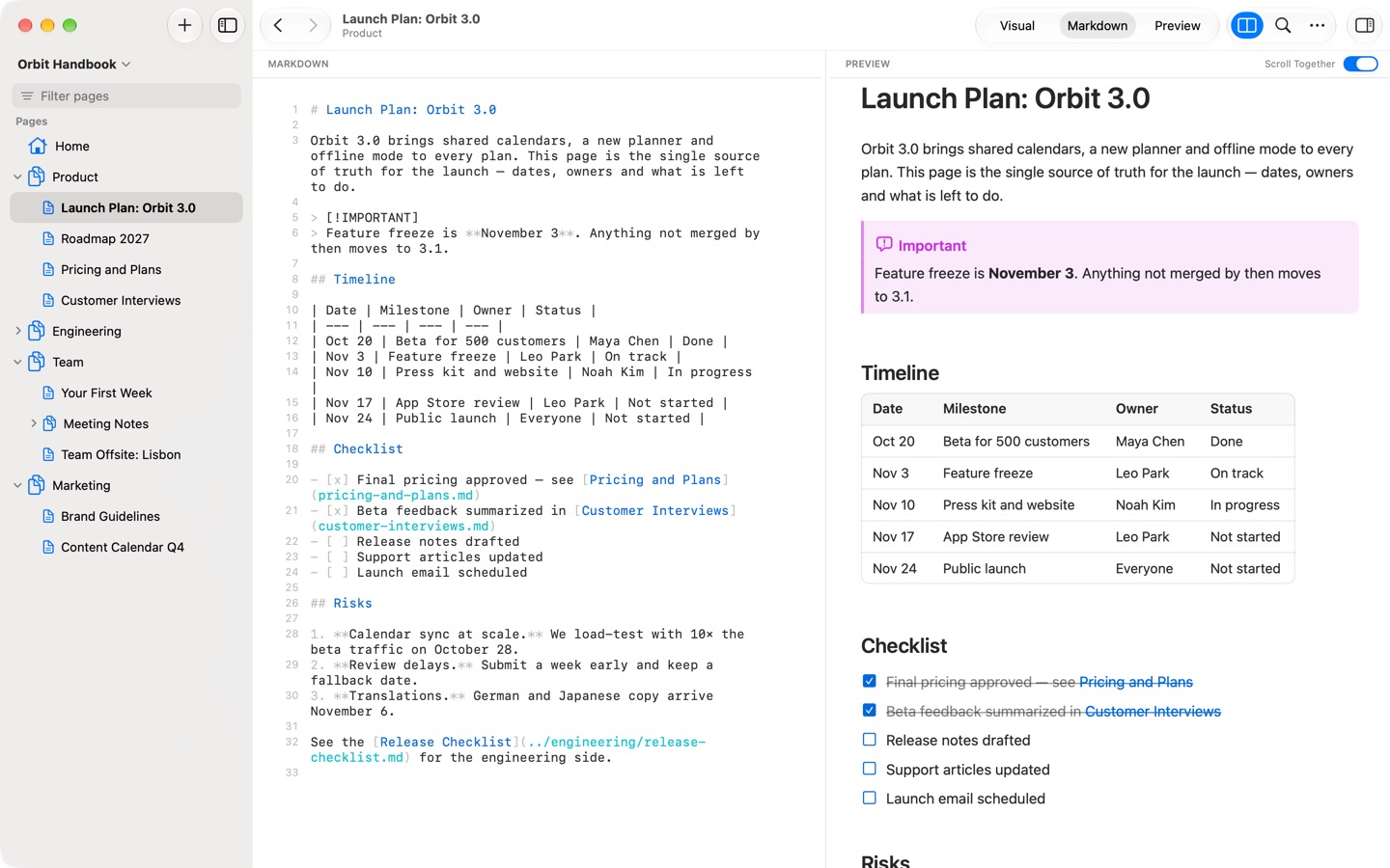 Markdown on the left and Preview on the right, with Scroll Together switched on.