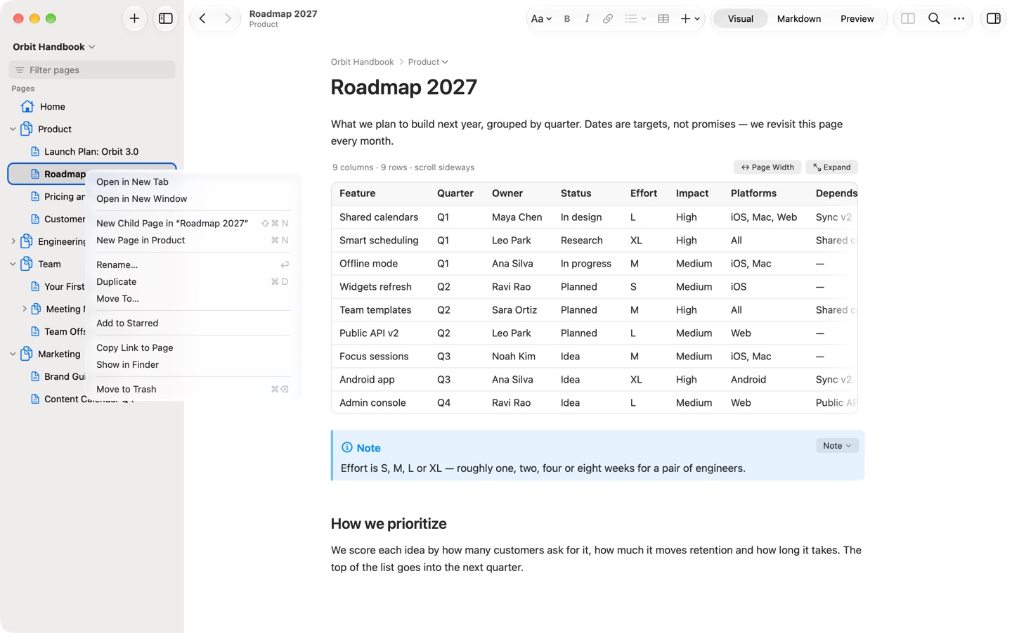 The context menu of the Roadmap 2027 page in the sidebar.
