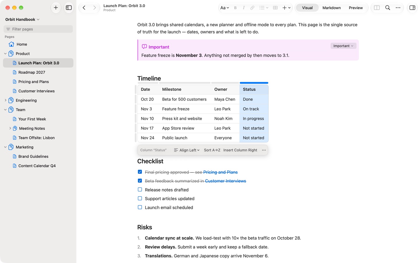 The Status column selected, with its toolbar under the table.