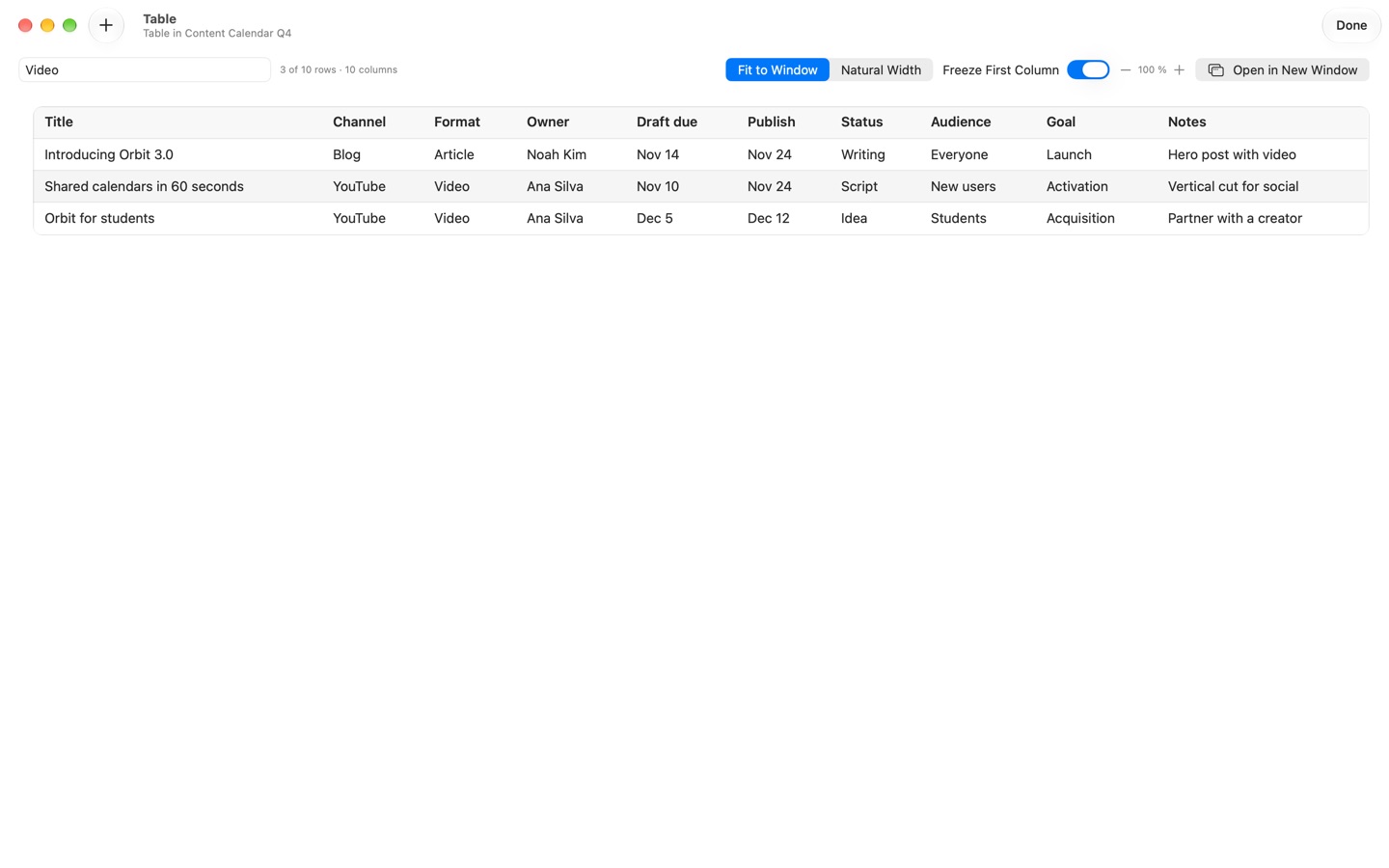 An expanded content calendar filtered to the rows with “Video”.